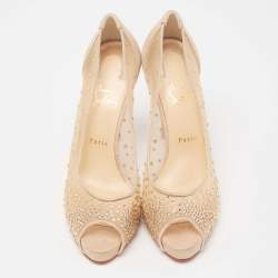 Pre Owned Christian Louboutin Beige Crystal Embellished Mesh and Laminated Suede Very Strass Peep-Toe Pumps Size 40