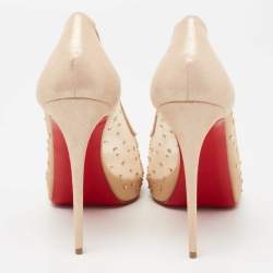 Pre Owned Christian Louboutin Beige Crystal Embellished Mesh and Laminated Suede Very Strass Peep-Toe Pumps Size 40