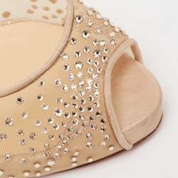 Pre Owned Christian Louboutin Beige Crystal Embellished Mesh and Laminated Suede Very Strass Peep-Toe Pumps Size 40
