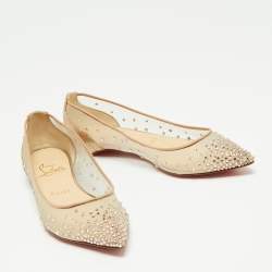 Pre Owned Christian Louboutin Beige Mesh and Leather Body Strass Ballet Flats Size 35.5