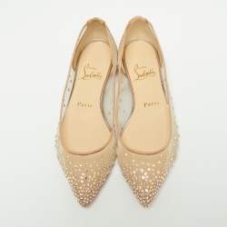 Pre Owned Christian Louboutin Beige Mesh and Leather Body Strass Ballet Flats Size 35.5