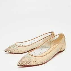Pre Owned Christian Louboutin Beige Mesh and Leather Body Strass Ballet Flats Size 35.5