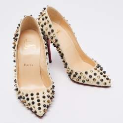 Pre Owned Christian Louboutin Cream Leather Follies Spikes Pumps Size 35