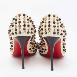 Pre Owned Christian Louboutin Cream Leather Follies Spikes Pumps Size 35