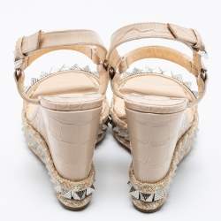 Pre Owned Christian Louboutin Beige Croc Embossed Leather Cataclou Ankle-Strap Wedge Platform Sandals Size 40