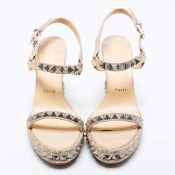 Pre Owned Christian Louboutin Beige Croc Embossed Leather Cataclou Ankle-Strap Wedge Platform Sandals Size 40