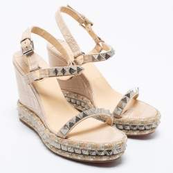 Pre Owned Christian Louboutin Beige Croc Embossed Leather Cataclou Ankle-Strap Wedge Platform Sandals Size 40