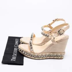 Pre Owned Christian Louboutin Beige Croc Embossed Leather Cataclou Ankle-Strap Wedge Platform Sandals Size 40