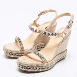 Pre Owned Christian Louboutin Beige Croc Embossed Leather Cataclou Ankle-Strap Wedge Platform Sandals Size 40