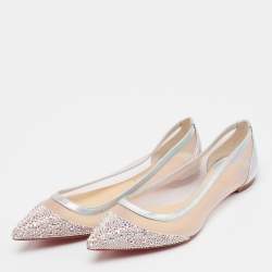 Christian Louboutin Light Pink Mesh, Iridescent Leather and Suede Galativi Strass Ballet Flats Size 35.5