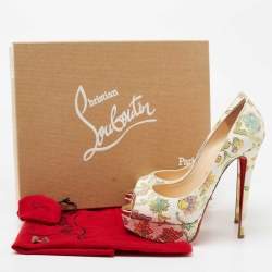Pre Owned Christian Louboutin White Floral Print Python Leather Lady Peep-Toe Platform Pumps Size 38.5