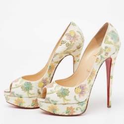 Pre Owned Christian Louboutin White Floral Print Python Leather Lady Peep-Toe Platform Pumps Size 38.5