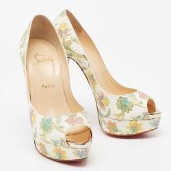 Pre Owned Christian Louboutin White Floral Print Python Leather Lady Peep-Toe Platform Pumps Size 38.5