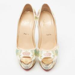 Pre Owned Christian Louboutin White Floral Print Python Leather Lady Peep-Toe Platform Pumps Size 38.5