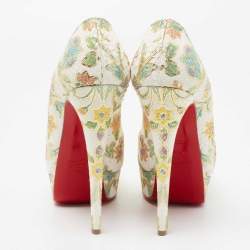 Pre Owned Christian Louboutin White Floral Print Python Leather Lady Peep-Toe Platform Pumps Size 38.5