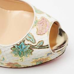 Pre Owned Christian Louboutin White Floral Print Python Leather Lady Peep-Toe Platform Pumps Size 38.5