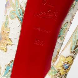 Pre Owned Christian Louboutin White Floral Print Python Leather Lady Peep-Toe Platform Pumps Size 38.5