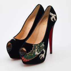 Pre Owned Christian Louboutin Black Velvet Highness Dragon Tattoo Platform Pumps Size 40