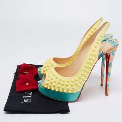 Pre Owned Christian Louboutin Yellow/Blue Patent And Python Leather  Lady Peep Spike Slingback Sandals Size 41