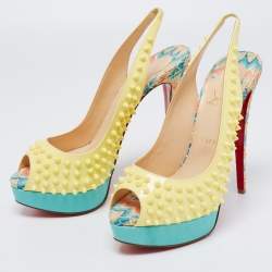 Pre Owned Christian Louboutin Yellow/Blue Patent And Python Leather  Lady Peep Spike Slingback Sandals Size 41