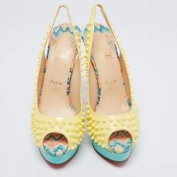 Pre Owned Christian Louboutin Yellow/Blue Patent And Python Leather  Lady Peep Spike Slingback Sandals Size 41