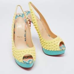 Pre Owned Christian Louboutin Yellow/Blue Patent And Python Leather  Lady Peep Spike Slingback Sandals Size 41