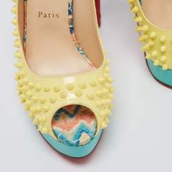 Pre Owned Christian Louboutin Yellow/Blue Patent And Python Leather  Lady Peep Spike Slingback Sandals Size 41