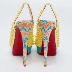 Pre Owned Christian Louboutin Yellow/Blue Patent And Python Leather  Lady Peep Spike Slingback Sandals Size 41