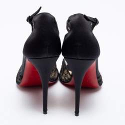 Pre Owned Christian Louboutin Black Lace and Satin Tiny Chantilly T-Strap Peep-Toe Sandals Size 38.5