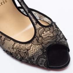 Pre Owned Christian Louboutin Black Lace and Satin Tiny Chantilly T-Strap Peep-Toe Sandals Size 38.5