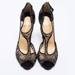 Pre Owned Christian Louboutin Black Lace and Satin Tiny Chantilly T-Strap Peep-Toe Sandals Size 38.5