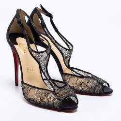 Pre Owned Christian Louboutin Black Lace and Satin Tiny Chantilly T-Strap Peep-Toe Sandals Size 38.5