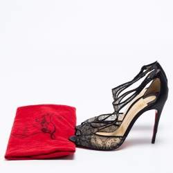 Pre Owned Christian Louboutin Black Lace and Satin Tiny Chantilly T-Strap Peep-Toe Sandals Size 38.5