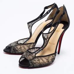 Pre Owned Christian Louboutin Black Lace and Satin Tiny Chantilly T-Strap Peep-Toe Sandals Size 38.5