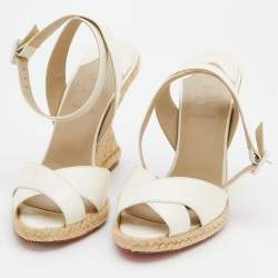 Christian Louboutin White Patent Leather Almeria Espadrille Wedge Sandals Size 37