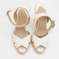 Christian Louboutin White Patent Leather Almeria Espadrille Wedge Sandals Size 37