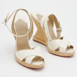 Christian Louboutin White Patent Leather Almeria Espadrille Wedge Sandals Size 37
