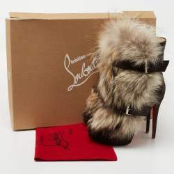 Pre Owned Christian Louboutin Grey/Brown Leather and Fur Toundra Platform Ankle Boots Size 39.5