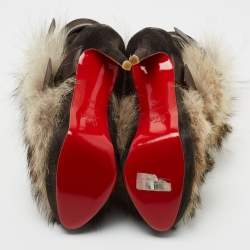 Pre Owned Christian Louboutin Grey/Brown Leather and Fur Toundra Platform Ankle Boots Size 39.5