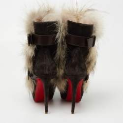 Pre Owned Christian Louboutin Grey/Brown Leather and Fur Toundra Platform Ankle Boots Size 39.5