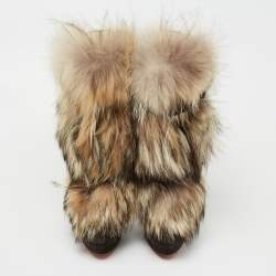 Pre Owned Christian Louboutin Grey/Brown Leather and Fur Toundra Platform Ankle Boots Size 39.5