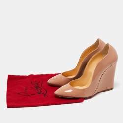 Pre Owned Christian Louboutin Beige Patent Leather Wedge Pumps Size 39