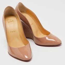 Pre Owned Christian Louboutin Beige Patent Leather Wedge Pumps Size 39