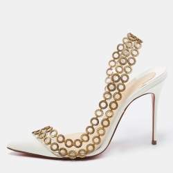 Pre Owned Christian Louboutin White/Gold PVC and Patent Leather Malaika Chain Pumps Size 38