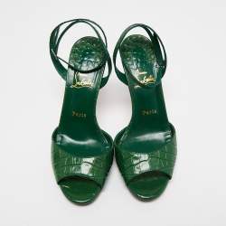 Christian Louboutin Green Croc Embossed Leather Loubiloo Ankle Strap Sandals Size 39  
