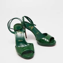 Christian Louboutin Green Croc Embossed Leather Loubiloo Ankle Strap Sandals Size 39  