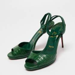 Christian Louboutin Green Croc Embossed Leather Loubiloo Ankle Strap Sandals Size 39  
