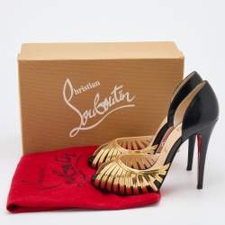 Pre Owned Christian Louboutin Black/Gold Leather and Metal Corpus Peep Toe Pumps Size 38.5