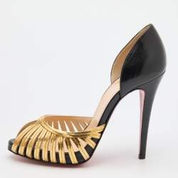 Pre Owned Christian Louboutin Black/Gold Leather and Metal Corpus Peep Toe Pumps Size 38.5