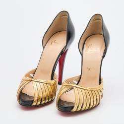 Pre Owned Christian Louboutin Black/Gold Leather and Metal Corpus Peep Toe Pumps Size 38.5
